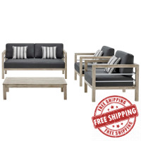 Modway EEI-3760-LGR-STE-SET Wiscasset Outdoor Patio Acacia Wood Loveseat Set with Coffee Table and 2 Armchairs