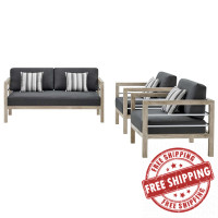 Modway EEI-3761-LGR-STE-SET Wiscasset Outdoor Patio Acacia Wood Loveseat Set with 2 Armchairs