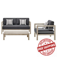 Modway EEI-3762-LGR-STE-SET Wiscasset Outdoor Patio Acacia Wood Loveseat Set with Armchair and Coffee Table