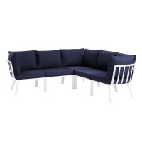 Modway EEI-3789-WHI-NAV White Navy Riverside 5 Piece Outdoor Patio Aluminum Sectional