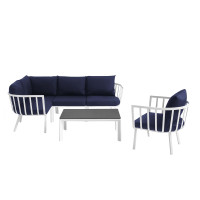 Modway EEI-3795-WHI-NAV Riverside 4 Piece Outdoor Patio Aluminum Sectional Set with Armchair and Table