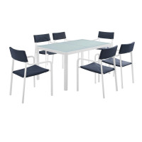Modway EEI-3797-WHI-NAV Raleigh Outdoor Patio Aluminum Dining Set with 6 Stackable Chairs