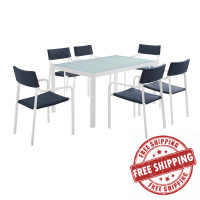 Modway EEI-3797-WHI-NAV Raleigh Outdoor Patio Aluminum Dining Set with 6 Stackable Chairs