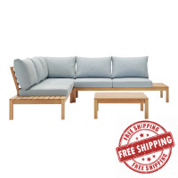 Modway EEI-3815-NAT-LBU-SET Freeport 4 Piece Outdoor Patio Karri Wood Sectional with Coffee Table