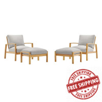 Modway EEI-3817-NAT-LGR-SET Orlean Outdoor Patio Eucalyptus Wood Armchair Set with 2 Ottomans