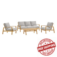 Modway EEI-3824-NAT-LGR-SET Orlean Outdoor Patio Eucalyptus Wood Sofa Set with 2 Armchairs and Coffee Table