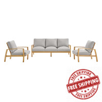 Modway EEI-3825-NAT-LGR-SET Orlean Outdoor Patio Eucalyptus Wood Sofa Set with 2 Armchairs