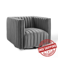 Modway EEI-3883-GRY Gray Conjure Channel Tufted Performance Velvet Swivel Armchair