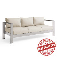 Modway EEI-3917-SLV-BEI Silver Beige Shore Outdoor Patio Aluminum Sofa
