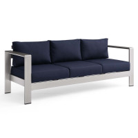 Modway EEI-3917-SLV-NAV Silver Navy Shore Outdoor Patio Aluminum Sofa