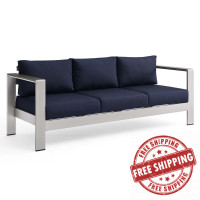 Modway EEI-3917-SLV-NAV Silver Navy Shore Outdoor Patio Aluminum Sofa