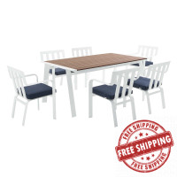 Modway EEI-3965-WHI-NAV Baxley Outdoor Patio Aluminum Dining Set with 6 Stackable Armchairs