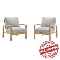 Modway EEI-3993-NAT-LGR Natural Light Gray Orlean Outdoor Patio Eucalyptus Wood Lounge Armchair Set of 2