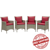 Modway EEI-4028-LGR-RED Light Gray Red Conduit Outdoor Patio Wicker Rattan Dining Armchair Set of 4