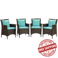 Modway EEI-4031-BRN-TRQ Brown Turquoise Conduit Outdoor Patio Wicker Rattan Dining Armchair Set of 4