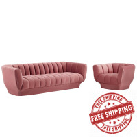 Modway EEI-4086-DUS-SET Dusty Rose Entertain Vertical Channel Tufted Performance Velvet Sofa and Armchair Set