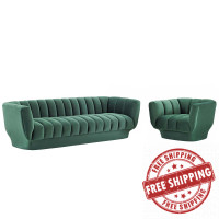 Modway EEI-4086-GRN-SET Green Entertain Vertical Channel Tufted Performance Velvet Sofa and Armchair Set