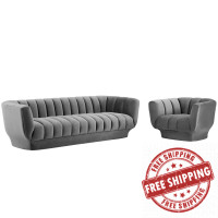 Modway EEI-4086-GRY-SET Gray Entertain Vertical Channel Tufted Performance Velvet Sofa and Armchair Set