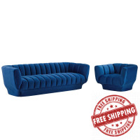 Modway EEI-4086-NAV-SET Navy Entertain Vertical Channel Tufted Performance Velvet Sofa and Armchair Set