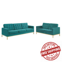 Modway EEI-4099-GLD-TEA-SET Gold Teal Loft Gold Stainless Steel Leg Performance Velvet Sofa and Loveseat Set