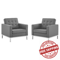 Modway EEI-4101-SLV-GRY Silver Gray Loft Tufted Upholstered Faux Leather Armchair Set of 2