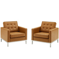 Modway EEI-4101-SLV-TAN Silver Tan Loft Tufted Upholstered Faux Leather Armchair Set of 2