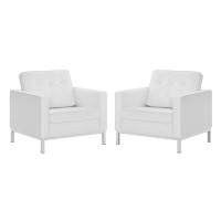 Modway EEI-4101-SLV-WHI Silver White Loft Tufted Upholstered Faux Leather Armchair Set of 2