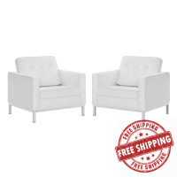 Modway EEI-4101-SLV-WHI Silver White Loft Tufted Upholstered Faux Leather Armchair Set of 2