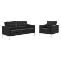 Modway EEI-4102-SLV-BLK-SET Silver Black Loft Tufted Upholstered Faux Leather Loveseat and Armchair Set