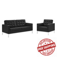 Modway EEI-4102-SLV-BLK-SET Silver Black Loft Tufted Upholstered Faux Leather Loveseat and Armchair Set