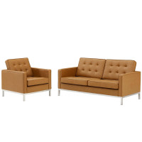 Modway EEI-4102-SLV-TAN-SET Silver Tan Loft Tufted Upholstered Faux Leather Loveseat and Armchair Set