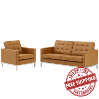 Modway EEI-4102-SLV-TAN-SET Silver Tan Loft Tufted Upholstered Faux Leather Loveseat and Armchair Set