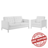 Modway EEI-4102-SLV-WHI-SET Silver White Loft Tufted Upholstered Faux Leather Loveseat and Armchair Set