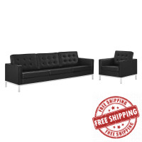 Modway EEI-4104-SLV-BLK-SET Silver Black Loft Tufted Upholstered Faux Leather Sofa and Armchair Set