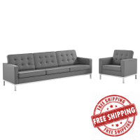 Modway EEI-4104-SLV-GRY-SET Silver Gray Loft Tufted Upholstered Faux Leather Sofa and Armchair Set