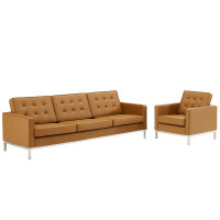 Modway EEI-4104-SLV-TAN-SET Silver Tan Loft Tufted Upholstered Faux Leather Sofa and Armchair Set