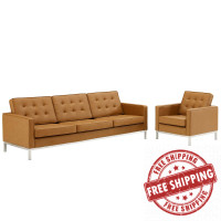 Modway EEI-4104-SLV-TAN-SET Silver Tan Loft Tufted Upholstered Faux Leather Sofa and Armchair Set