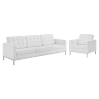 Modway EEI-4104-SLV-WHI-SET Silver White Loft Tufted Upholstered Faux Leather Sofa and Armchair Set
