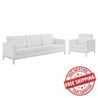 Modway EEI-4104-SLV-WHI-SET Silver White Loft Tufted Upholstered Faux Leather Sofa and Armchair Set