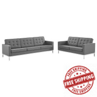 Modway EEI-4106-SLV-GRY-SET Silver Gray Loft Tufted Upholstered Faux Leather Sofa and Loveseat Set