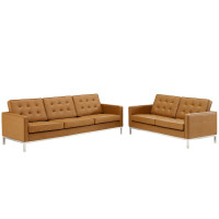 Modway EEI-4106-SLV-TAN-SET Silver Tan Loft Tufted Upholstered Faux Leather Sofa and Loveseat Set