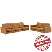 Modway EEI-4106-SLV-TAN-SET Silver Tan Loft Tufted Upholstered Faux Leather Sofa and Loveseat Set