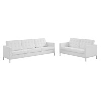 Modway EEI-4106-SLV-WHI-SET Silver White Loft Tufted Upholstered Faux Leather Sofa and Loveseat Set