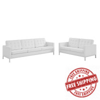 Modway EEI-4106-SLV-WHI-SET Silver White Loft Tufted Upholstered Faux Leather Sofa and Loveseat Set