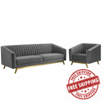 Modway EEI-4140-GRY-SET Gray Valiant Vertical Channel Tufted Performance Velvet Sofa and Armchair Set