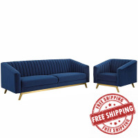 Modway EEI-4140-NAV-SET Navy Valiant Vertical Channel Tufted Performance Velvet Sofa and Armchair Set