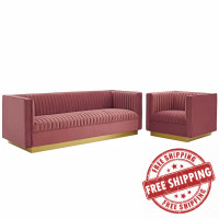 Modway EEI-4143-DUS-SET Dusty Rose Sanguine Vertical Channel Tufted Upholstered Performance Velvet Sofa and Armchair Set