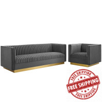 Modway EEI-4143-GRY-SET Gray Sanguine Vertical Channel Tufted Upholstered Performance Velvet Sofa and Armchair Set
