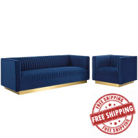 Modway EEI-4143-NAV-SET Navy Sanguine Vertical Channel Tufted Upholstered Performance Velvet Sofa and Armchair Set