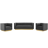 Modway EEI-4144-GRY-SET Gray Sanguine 3 Piece Vertical Channel Tufted Upholstered Performance Velvet Set